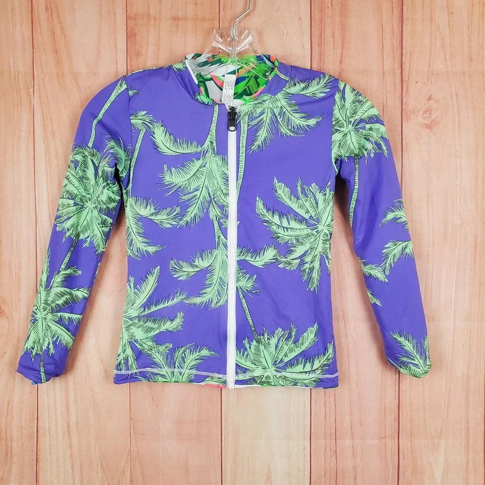 Maaji Girls Swim Top Sz 10 Multi Floral Stretch Reversible Full Zip Long Sleeve